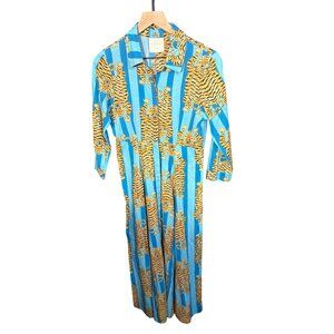 Guadalupe Small Blue & Yellow Tiger Print Maxi Shirt Dress